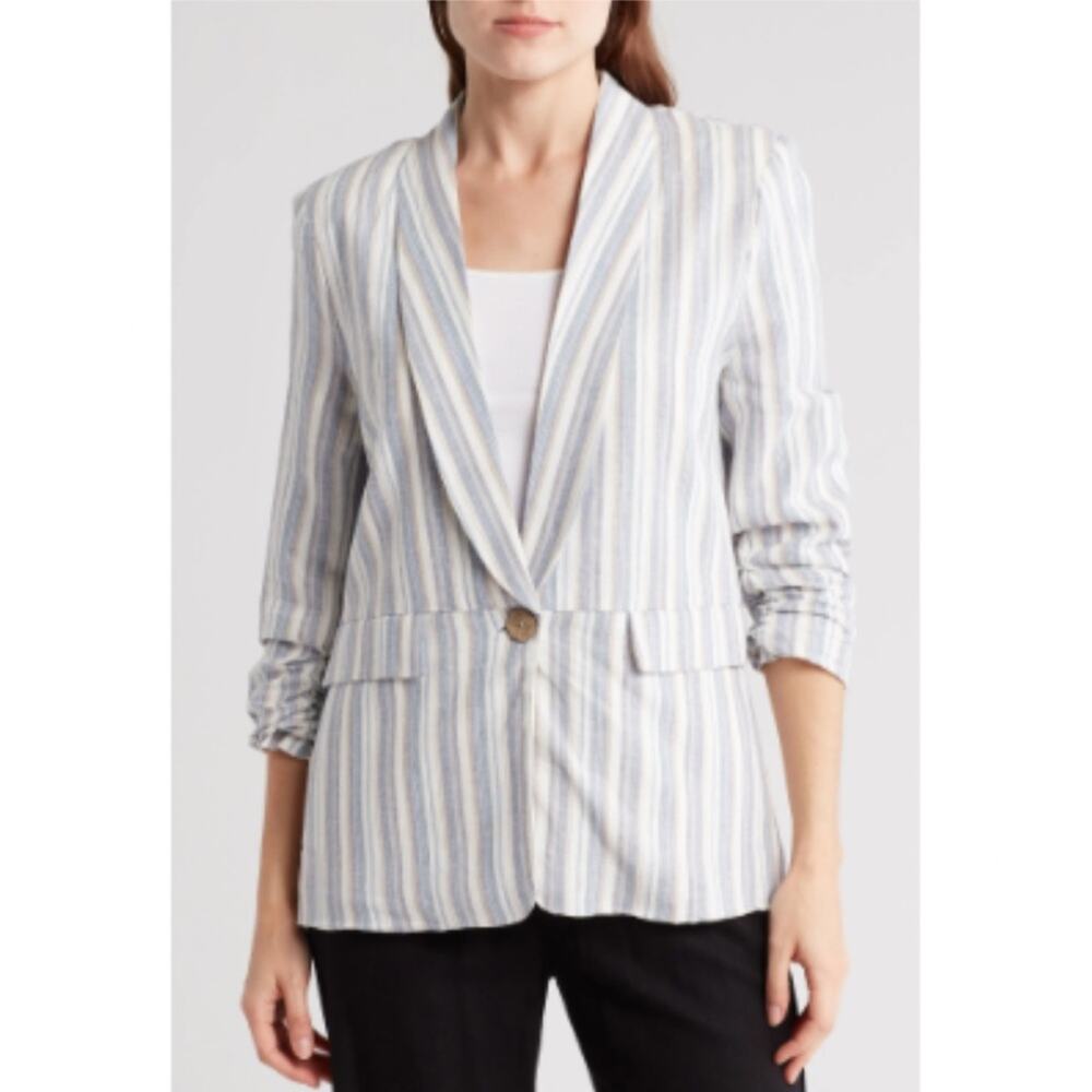 Ellen Tracy Womens M Ruched Sleeve Linen Blend Blazer in Linen White Stripe NEW